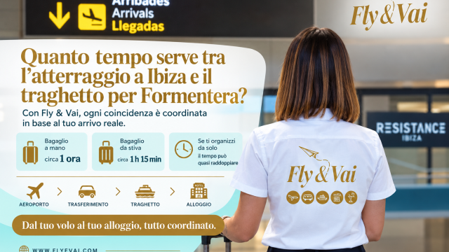 Infografica: quanto tempo serve tra l'atterraggio all'aeroporto di Ibiza e il traghetto per Formentera con Fly & Vai